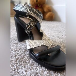 Derek Lam faux skin wrap up heels.